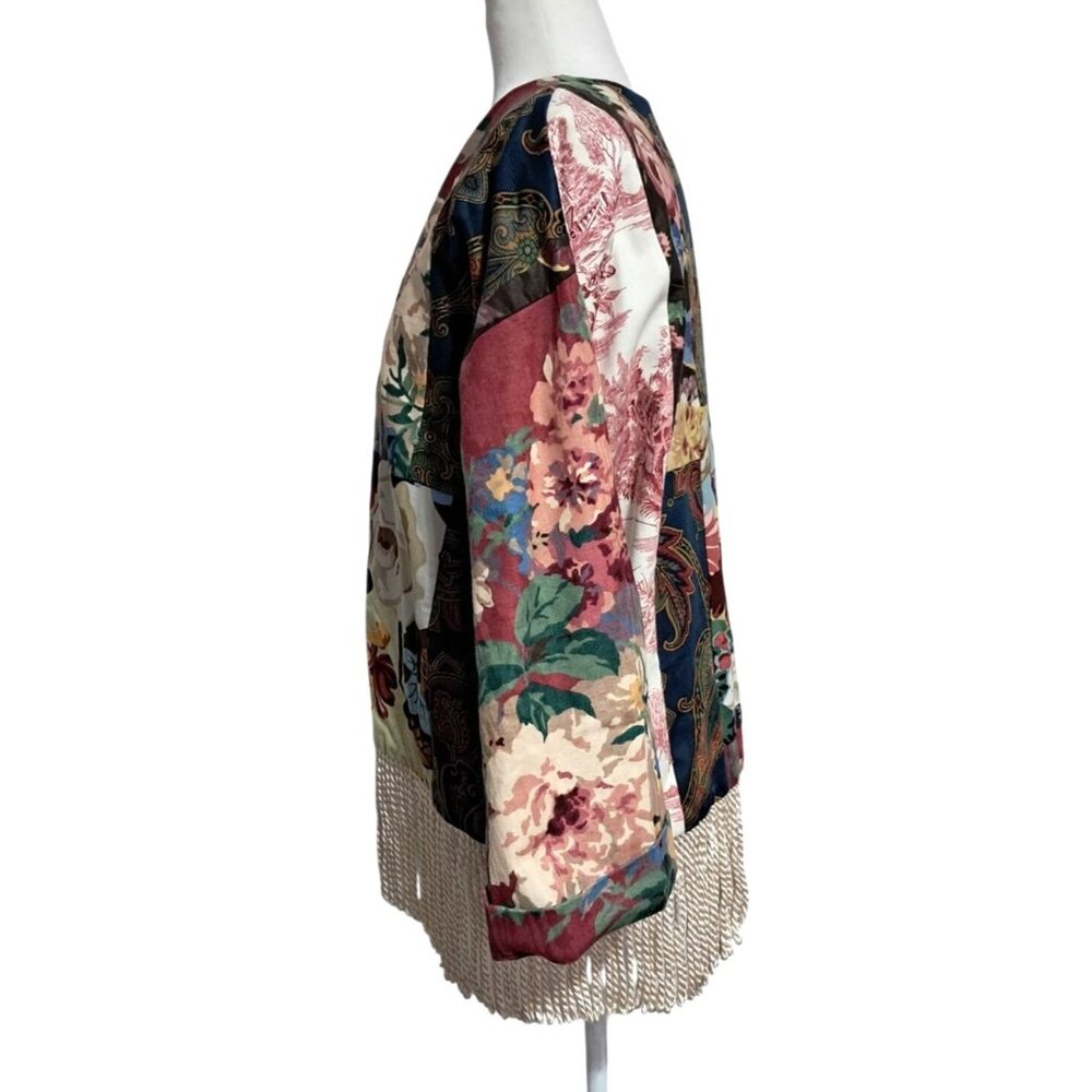 Vintage Boho Patchwork Fringe Floral Kimono Jacket Multicolor Artsy Toile Paisle - Picture 5 of 11